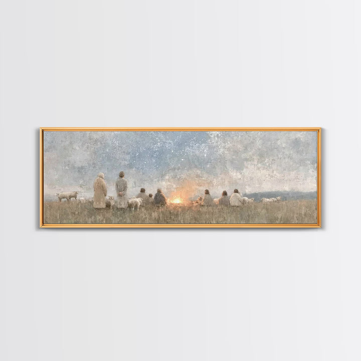 Quiet Field Gathering – Framed Canvas Print – Panoramic Painting – Christian Art – Vintage Christmas Art – Christian Wall Art – Subtle Chri