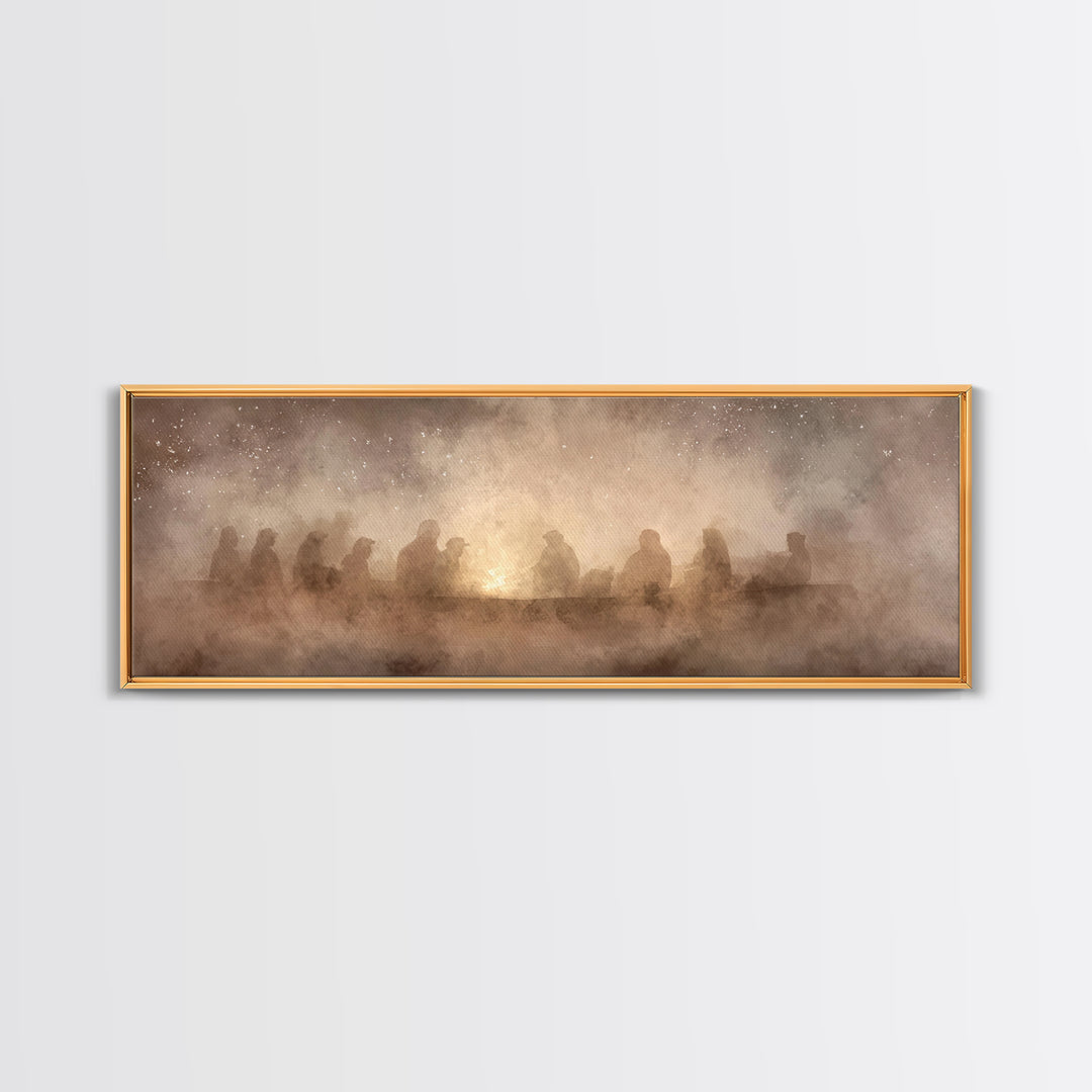 Fireside Reverence, Framed Canvas Print, Panoramic Wall Art, Christian Art Canvas, Moody Christmas Art, Christian Wall Art, Christian Decor