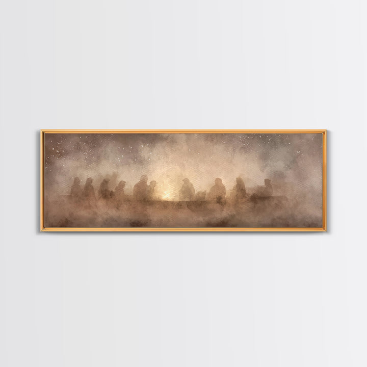 Fireside Reverence, Framed Canvas Print, Panoramic Wall Art, Christian Art Canvas, Moody Christmas Art, Christian Wall Art, Christian Decor