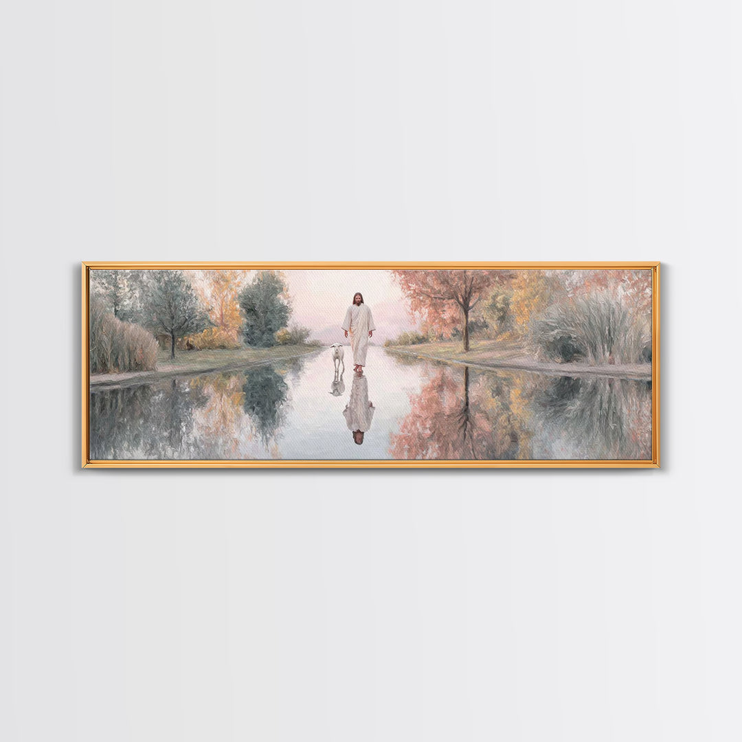 Path Of Still Waters – Framed Canvas Print – Christian Art Canvas – Jesus Painting – Christian Wall Art – Panoramic Art – Christian Decor