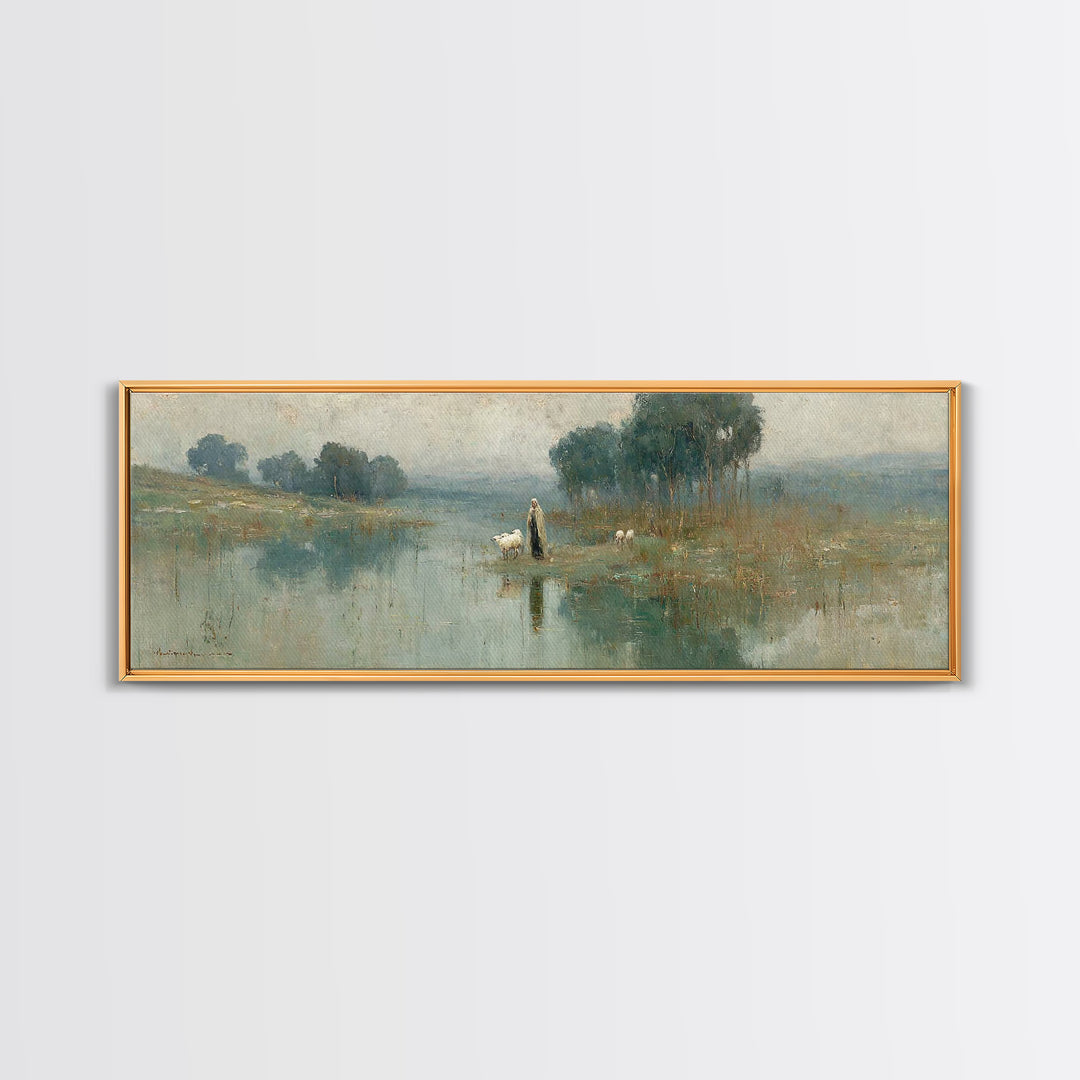 Quiet Shepherd Walk, Framed Canvas Print, Christian Wall Art, Christian Art Canvas, Jesus Painting, Panoramic Painting, Christian Christmas