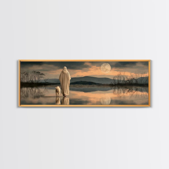 Moonlit Shepherd Path – Framed Canvas Print – Jesus Painting – Christian Wall Art – Christian Art Canvas – Panoramic Print – Christian Chri