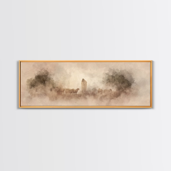 Quiet Pasture Grace | Framed Canvas Print | Panoramic Art | Christian Art | Jesus Art Print | Christian Wall Art | Christian Decor For Home