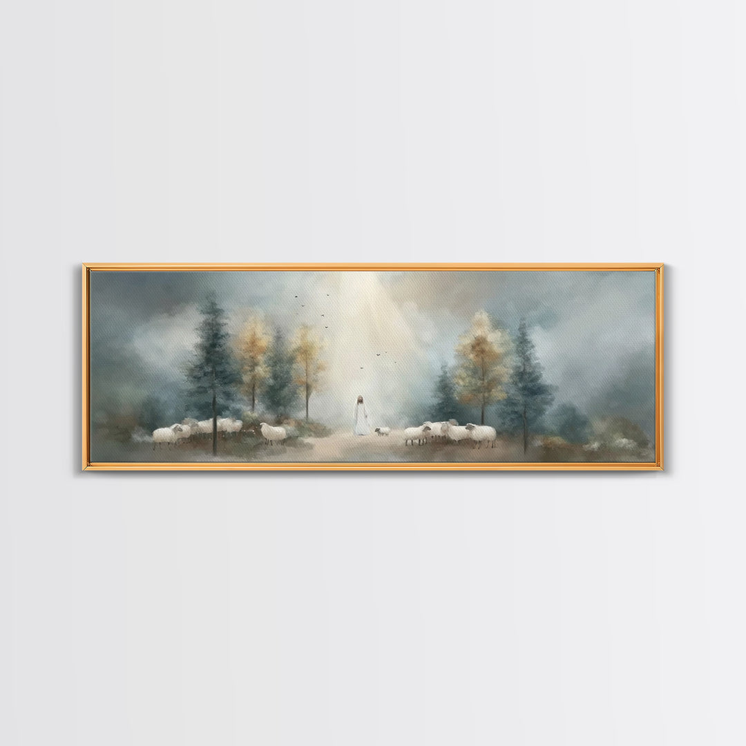 Light Of The Shepherd, Framed Canvas Print, Panoramic Wall Art, Christian Art Canvas, Jesus Painting, Christian Christmas Art, Christian Ar