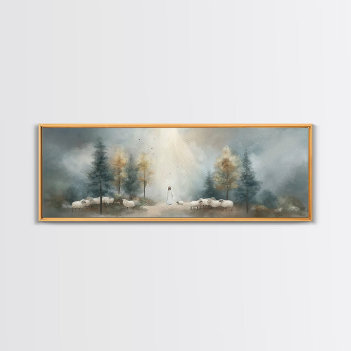 Light Of The Shepherd, Framed Canvas Print, Panoramic Wall Art, Christian Art Canvas, Jesus Painting, Christian Christmas Art, Christian Ar