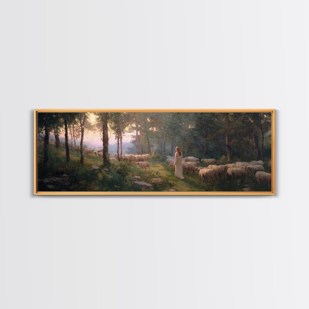 Light Of The Meadow, Framed Canvas Print, Christian Wall Art, Christian Art Canvas, Jesus Painting, Panoramic Painting, Christian Decor
