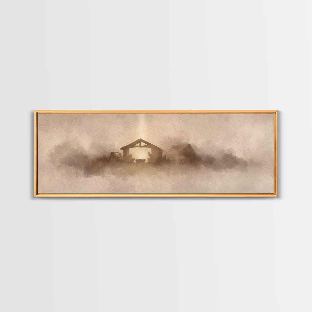 Holy Stable Glow, Framed Canvas Print, Panoramic Wall Art, Christian Art Canvas, Christmas Art, Christian Wall Art, Christian Christmas