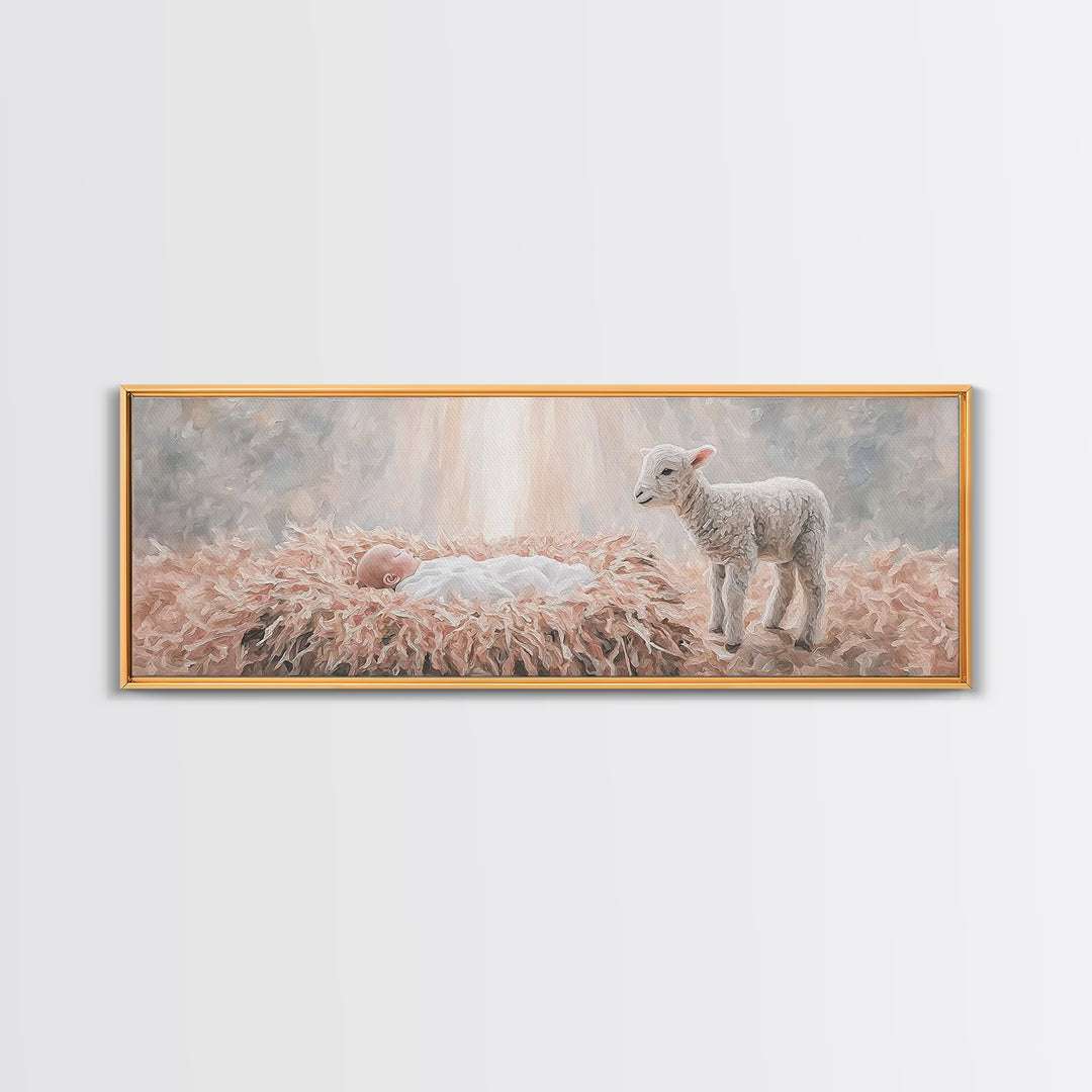 Gentle Nativity Peace, Framed Canvas Print, Christian Christmas Art, Panoramic Wall Art, Christian Wall Art, Jesus Painting