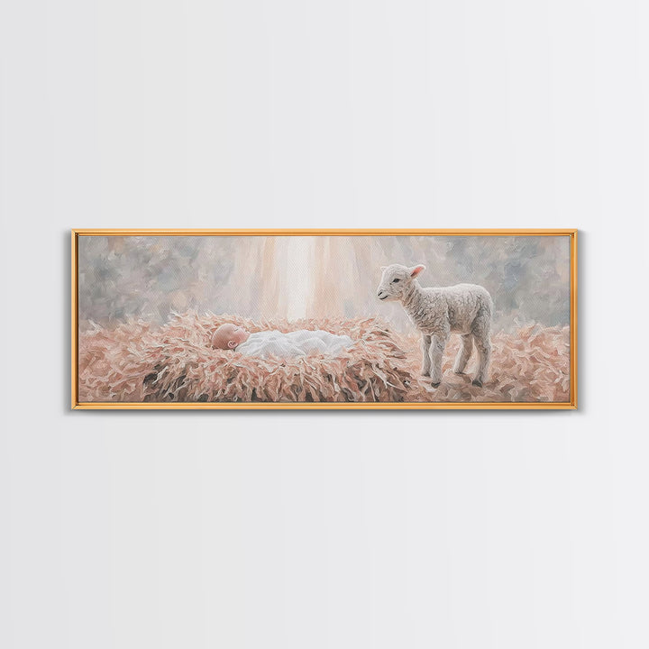 Gentle Nativity Peace, Framed Canvas Print, Christian Christmas Art, Panoramic Wall Art, Christian Wall Art, Jesus Painting