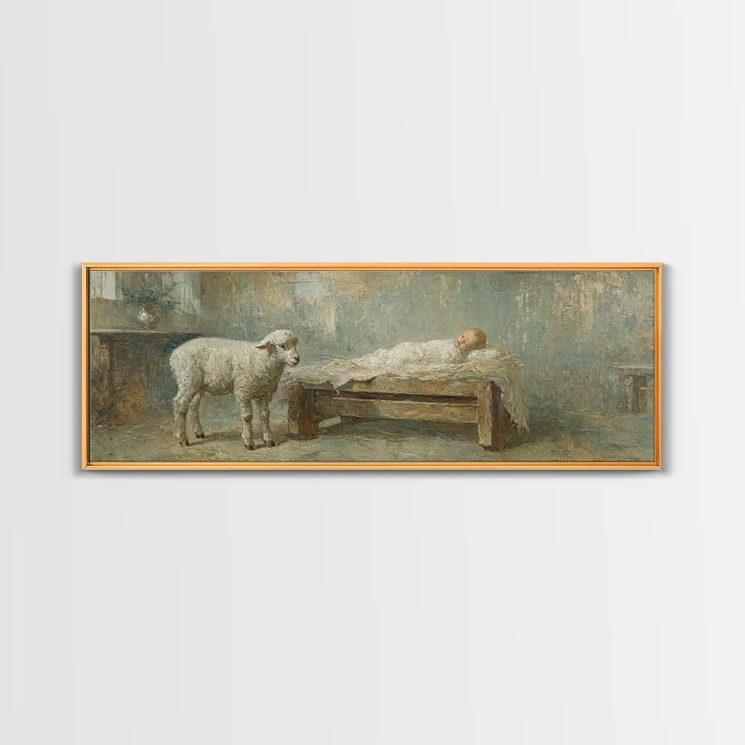 Lamb Of Promise, Framed Canvas Print, Christmas Wall Art, Panoramic Art, Christian Art Canvas, Christian Christmas Art