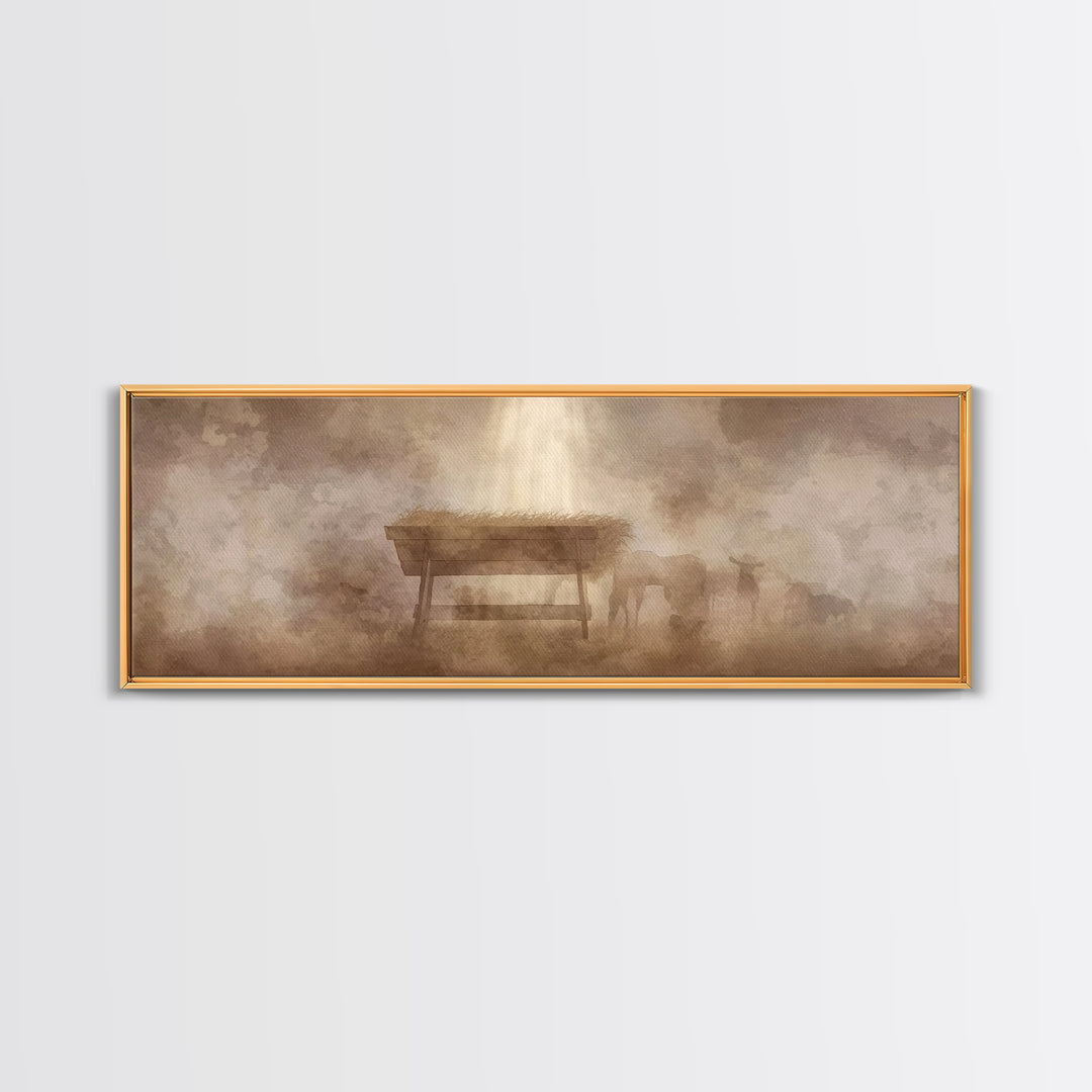 Shepherds At Peace, Framed Canvas Print, Panoramic Painting, Christian Art Canvas, Christian Wall Art, Christmas Art, Subtle Christian Art