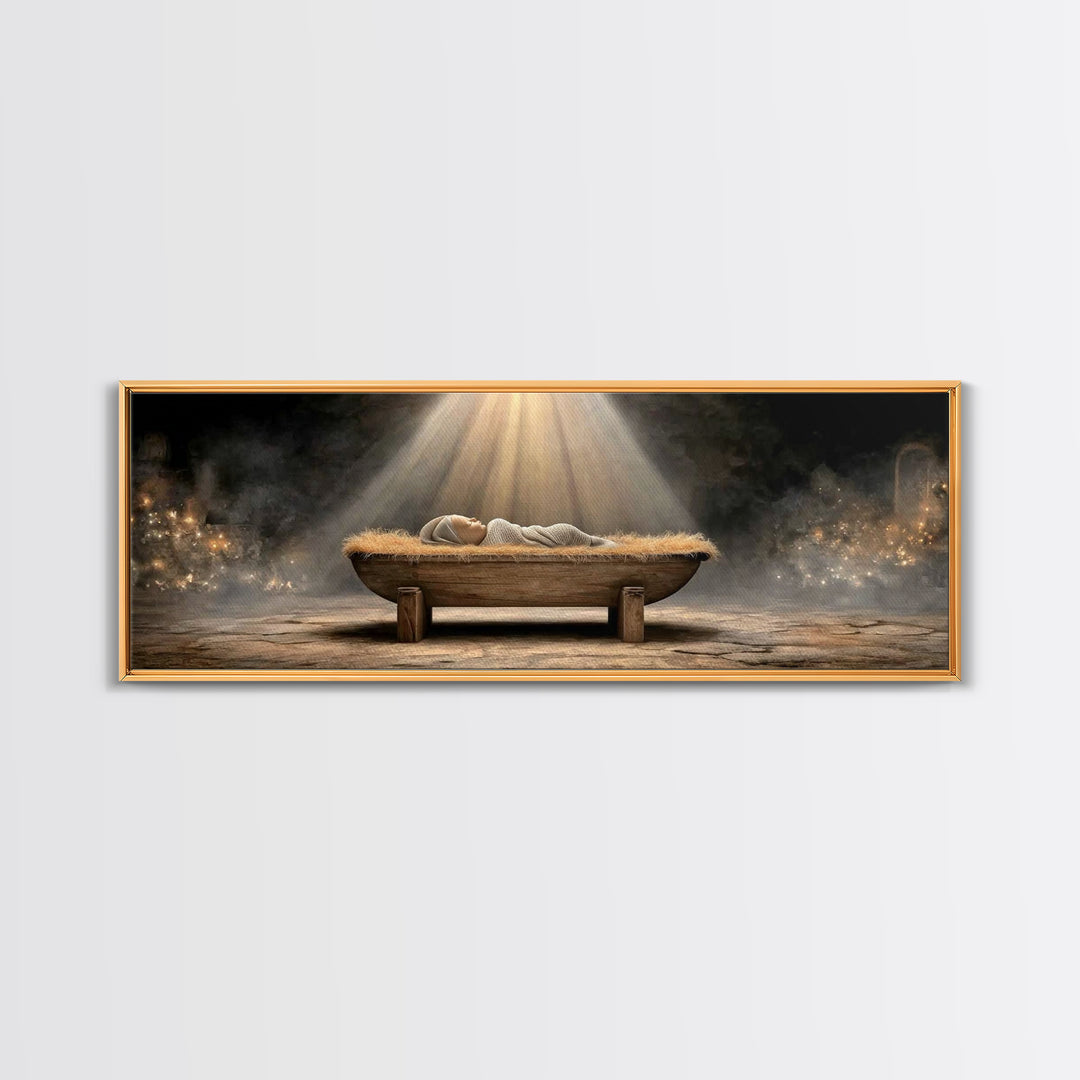 Holy Nativity Light, Framed Canvas Print, Panoramic Painting, Christmas Art, Christian Christmas Art, Jesus Christmas Art, Framed Christmas