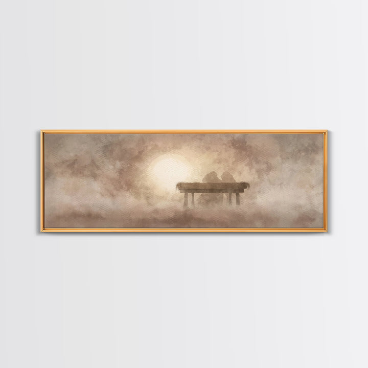 Manger In The Mist | Framed Canvas Print | Panoramic Wall Art | Christian Christmas Art | Christmas Canvas Wall Art | Christian Art Canvas