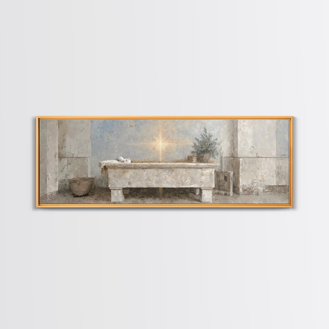 Guiding Manger Light – Framed Canvas Print – Christian Wall Art – Christmas Art – Christian Art Canvas – Panoramic Art – Jesus Painting – C