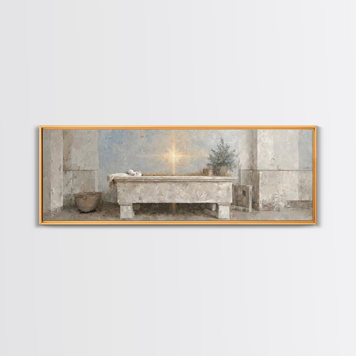 Guiding Manger Light – Framed Canvas Print – Christian Wall Art – Christmas Art – Christian Art Canvas – Panoramic Art – Jesus Painting – C