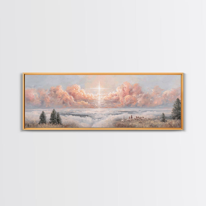 Shepherds Of Light - Framed Canvas Print - Christian Art Canvas - Panoramic Wall Art - Christmas Art - Jesus Painting - Christian Wall Art