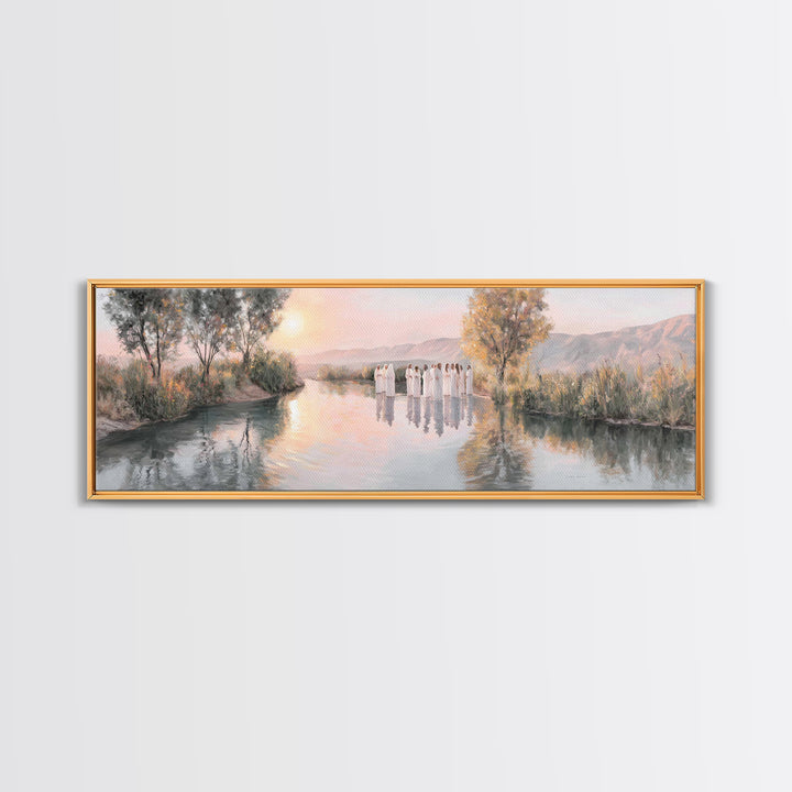 River Dawn Communion, Framed Canvas Print, Christian Wall Art, Christian Art Canvas, Jesus Painting, Panoramic Art
