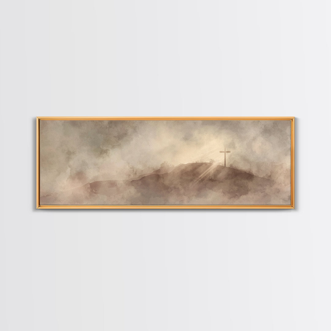 Hilltop Cross Light – Framed Canvas Print – Christian Wall Art – Christian Art Canvas – Panoramic Wall Art – Christian Decor
