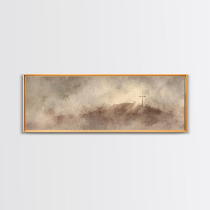 Hilltop Cross Light – Framed Canvas Print – Christian Wall Art – Christian Art Canvas – Panoramic Wall Art – Christian Decor