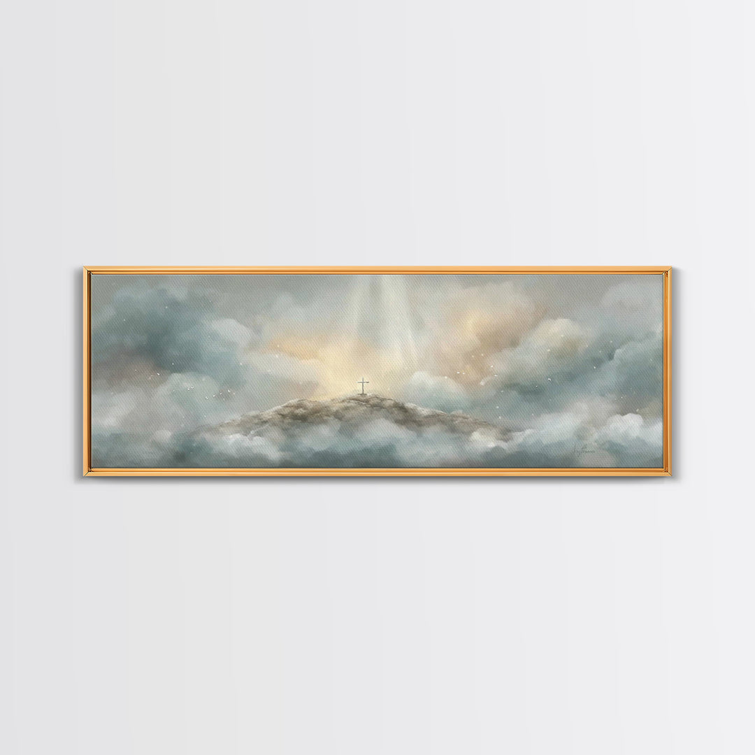 Heavenly Summit Glow | Framed Canvas Print | Christian Wall Art | Christian Art Canvas | Panoramic Painting | Christian Gift Ideas