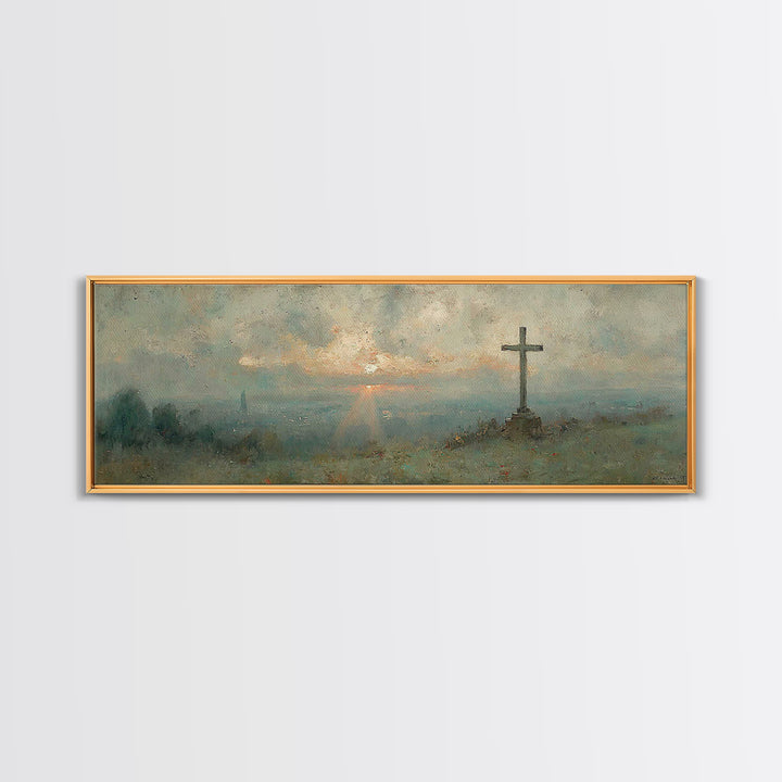 Sunset Cross Vista, Framed Canvas Print, Christian Wall Art, Christian Art Canvas, Panoramic Frame, Christian Decor
