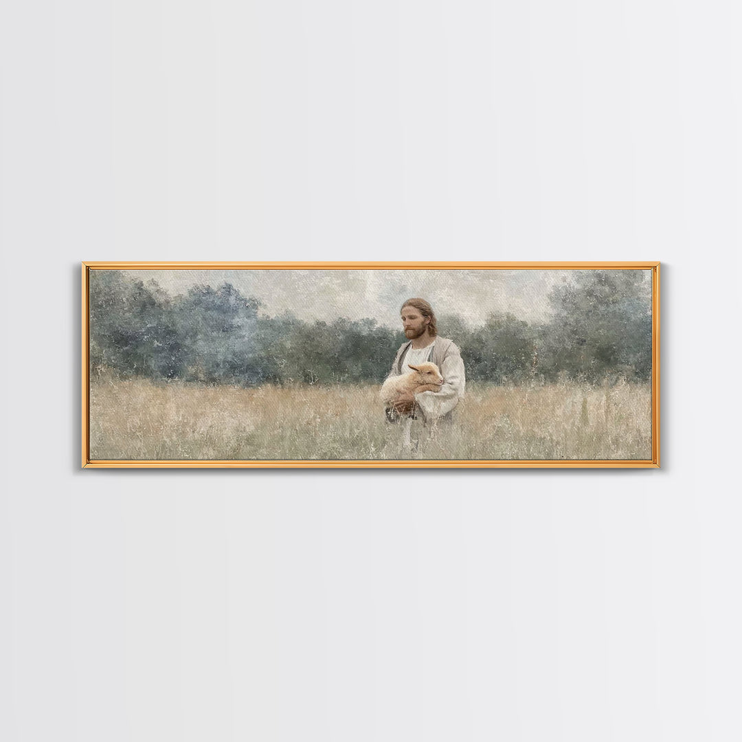Gentle Shepherd Field, Framed Canvas Print, Christian Wall Art, Christian Art Canvas, Panoramic Art, Christian Decor