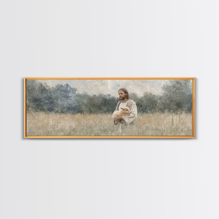 Gentle Shepherd Field, Framed Canvas Print, Christian Wall Art, Christian Art Canvas, Panoramic Art, Christian Decor