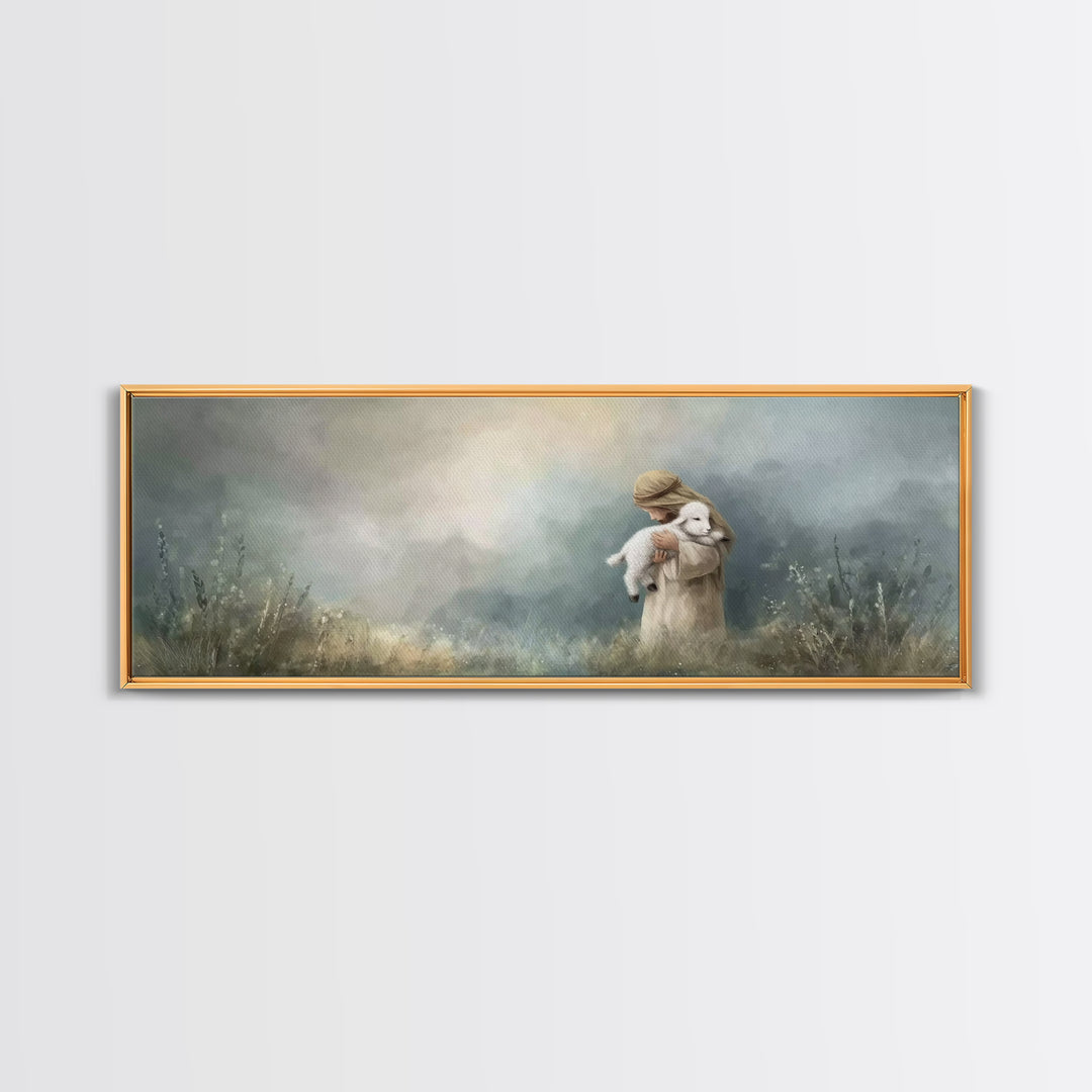 Tender Shepherd Embrace – Framed Canvas Print – Christian Wall Art – Christian Art Canvas – Jesus Painting – Panoramic Art – Christmas Art