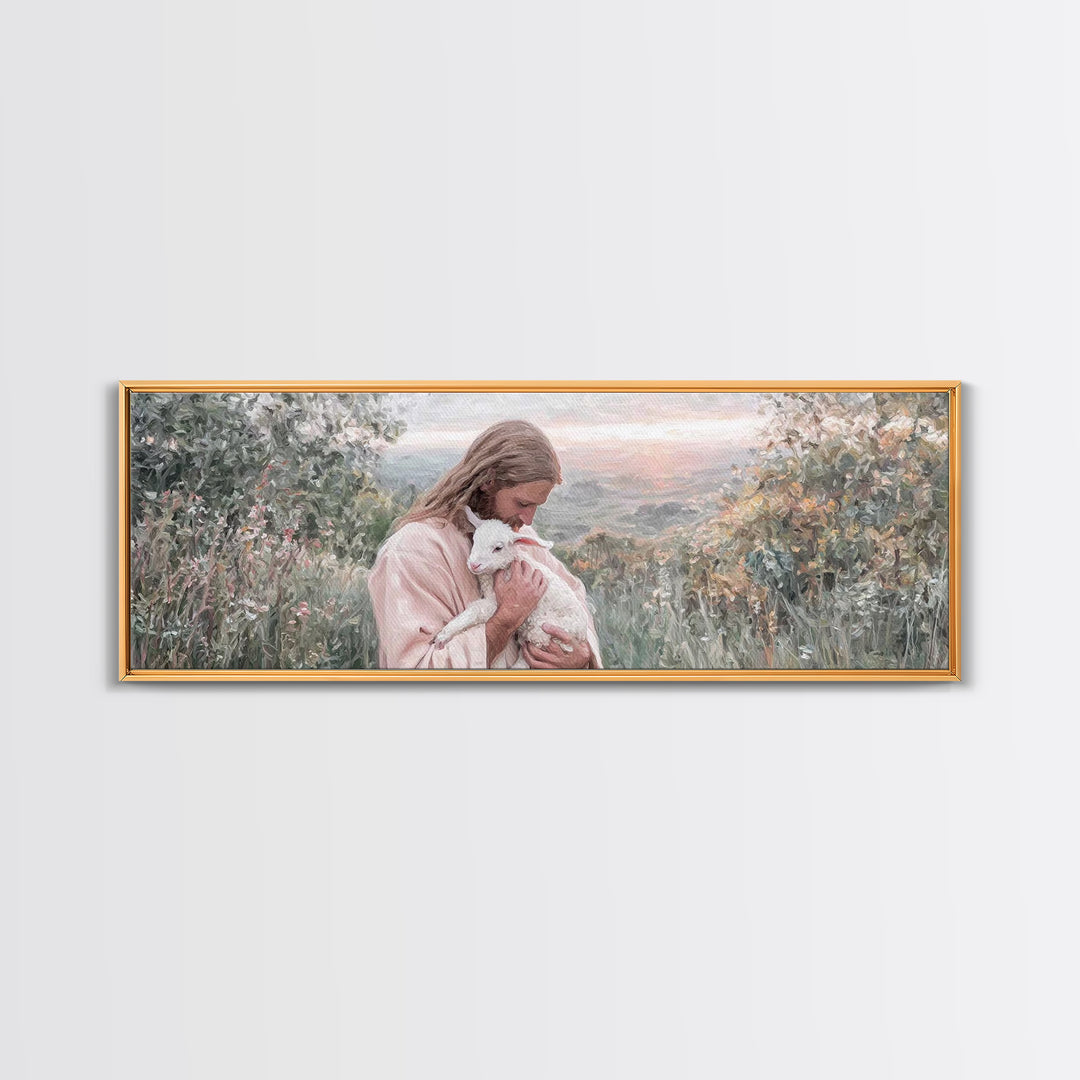 Gentle Pasture Peace, Framed Canvas Print, Christian Christmas Art, Christian Art Canvas, Jesus Painting, Panoramic Wall Art, Christian Dec