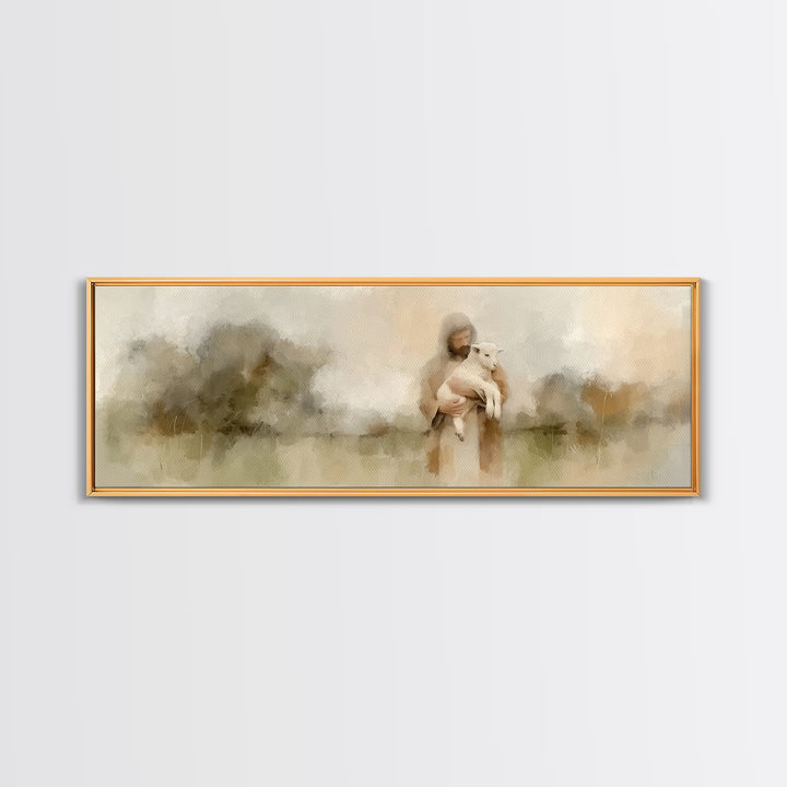 Warm Meadow Mercy | Framed Canvas Print | Christian Wall Art | Jesus Painting | Christian Art Canvas | Panoramic Painting | Christmas Art