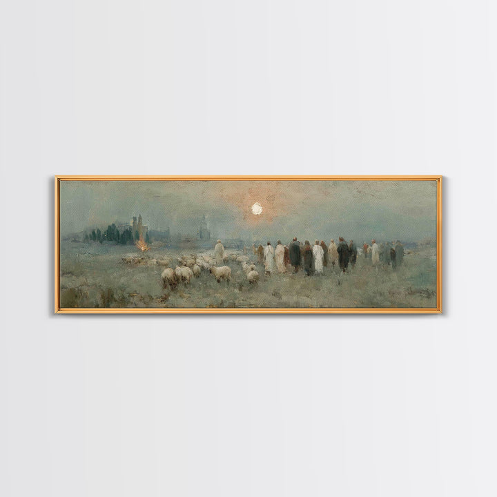 Shepherds In Stillness – Framed Canvas Print – Christian Art Canvas – Panoramic Frame – Christian Christmas Art – Jesus Painting – Christia