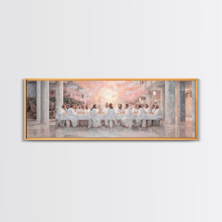 Sacred Supper Reflection, Framed Canvas Print, Christian Wall Art, Jesus Painting, Panoramic Painting, Christian Art Canvas