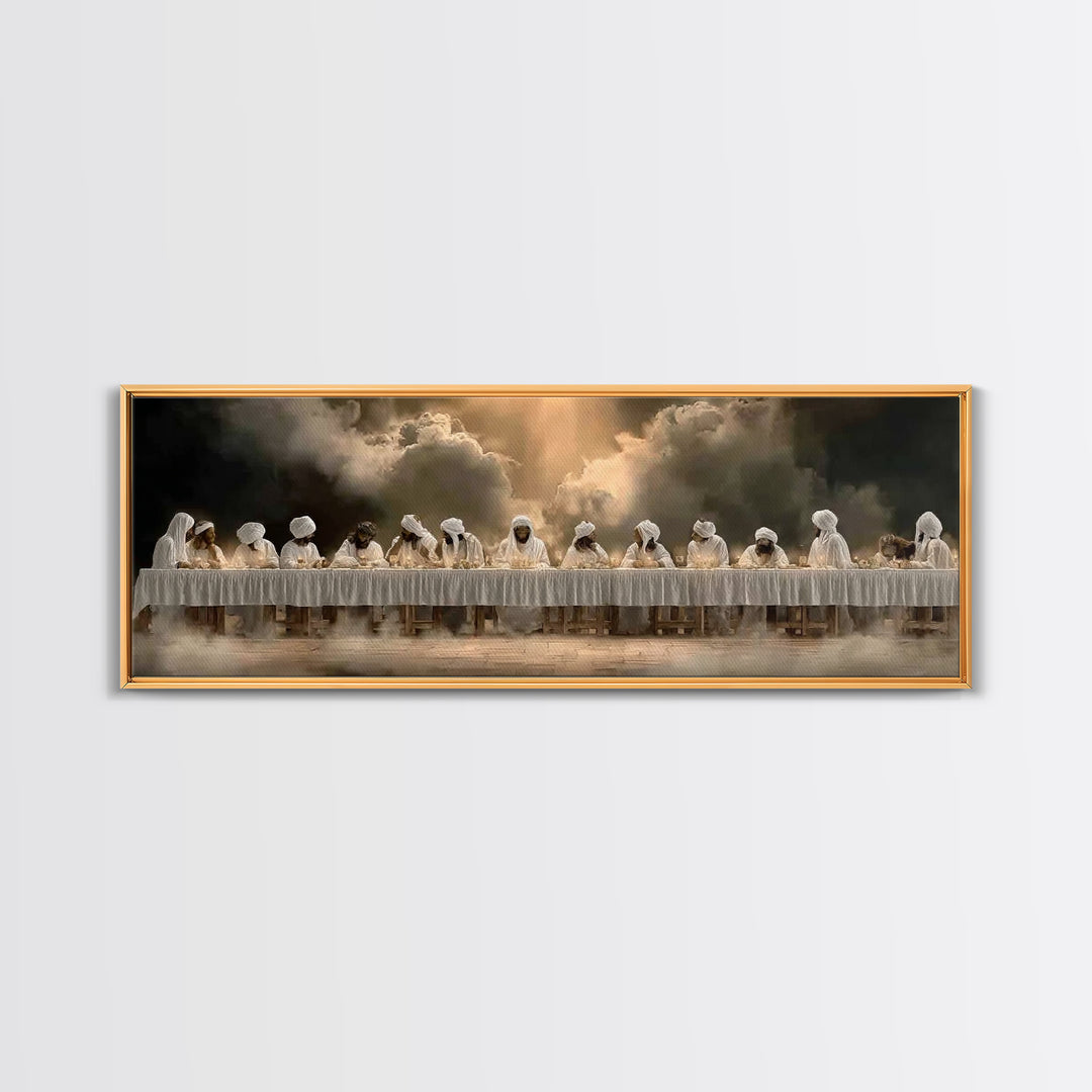 Blessed Gathering | Framed Canvas Print | Christian Wall Art | Panoramic Wall Art | Jesus Painting | Christmas Art | Christian Canvas