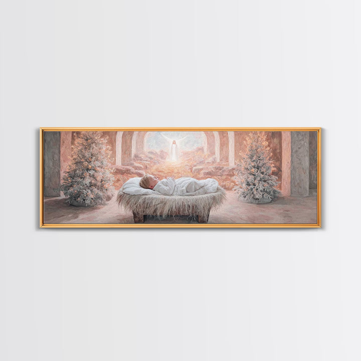 Manger Dawn Peace | Framed Canvas Print | Christian Art Canvas | Panoramic Art | Christian Christmas Art | Jesus Painting | Christian Decor