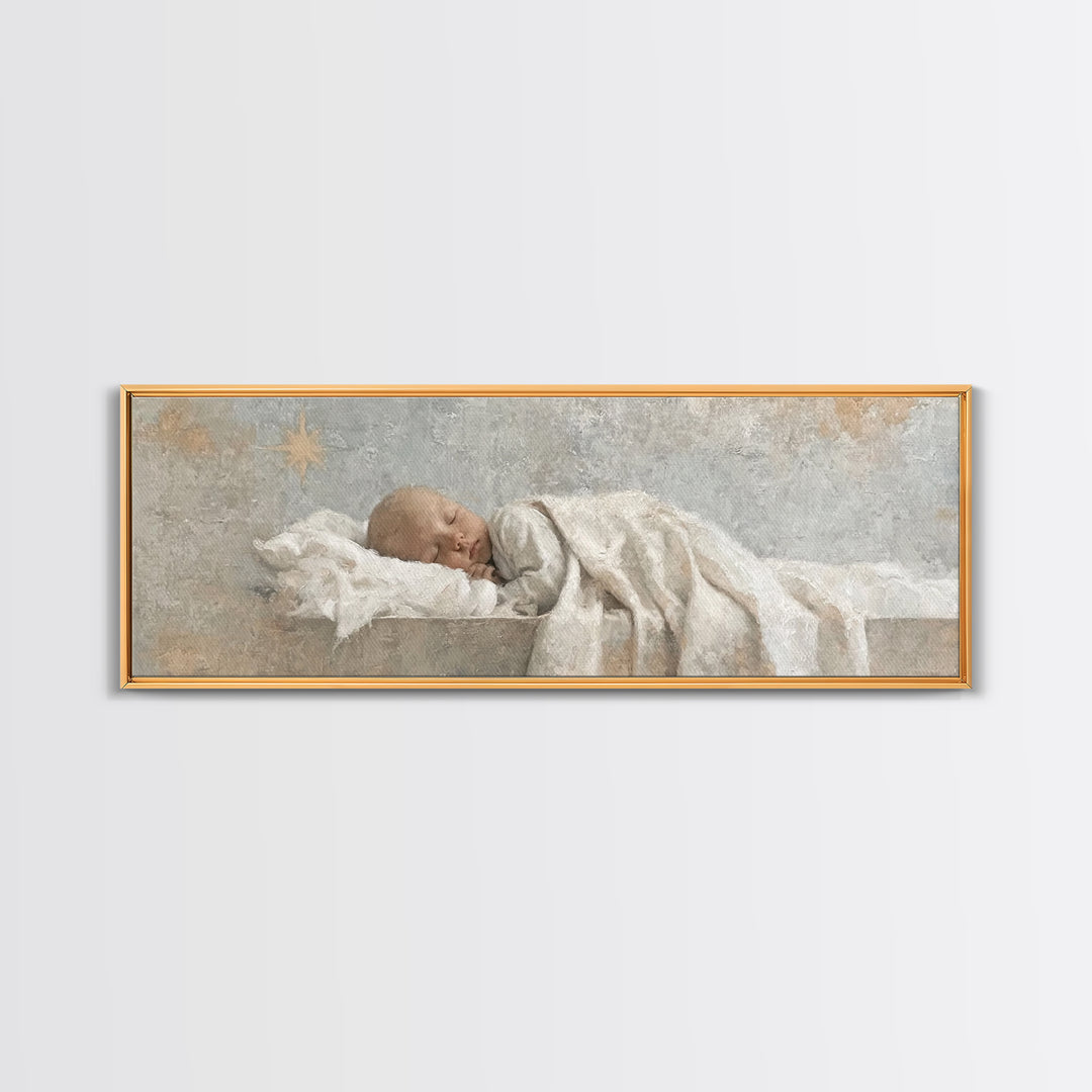 Gentle Holy Night, Framed Canvas Print, Christian Christmas Art, Panoramic Print, Christian Art Canvas, Jesus Painting, Christmas Decor