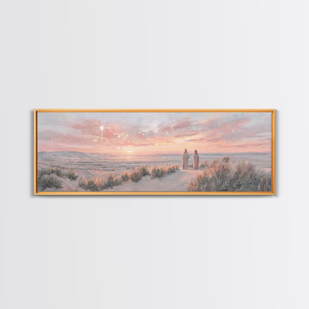 Bethlehem Dawn Glow, Framed Canvas Print, Christian Wall Art, Panoramic Frame, Christian Christmas Art, Jesus Art Print, Christmas Decor