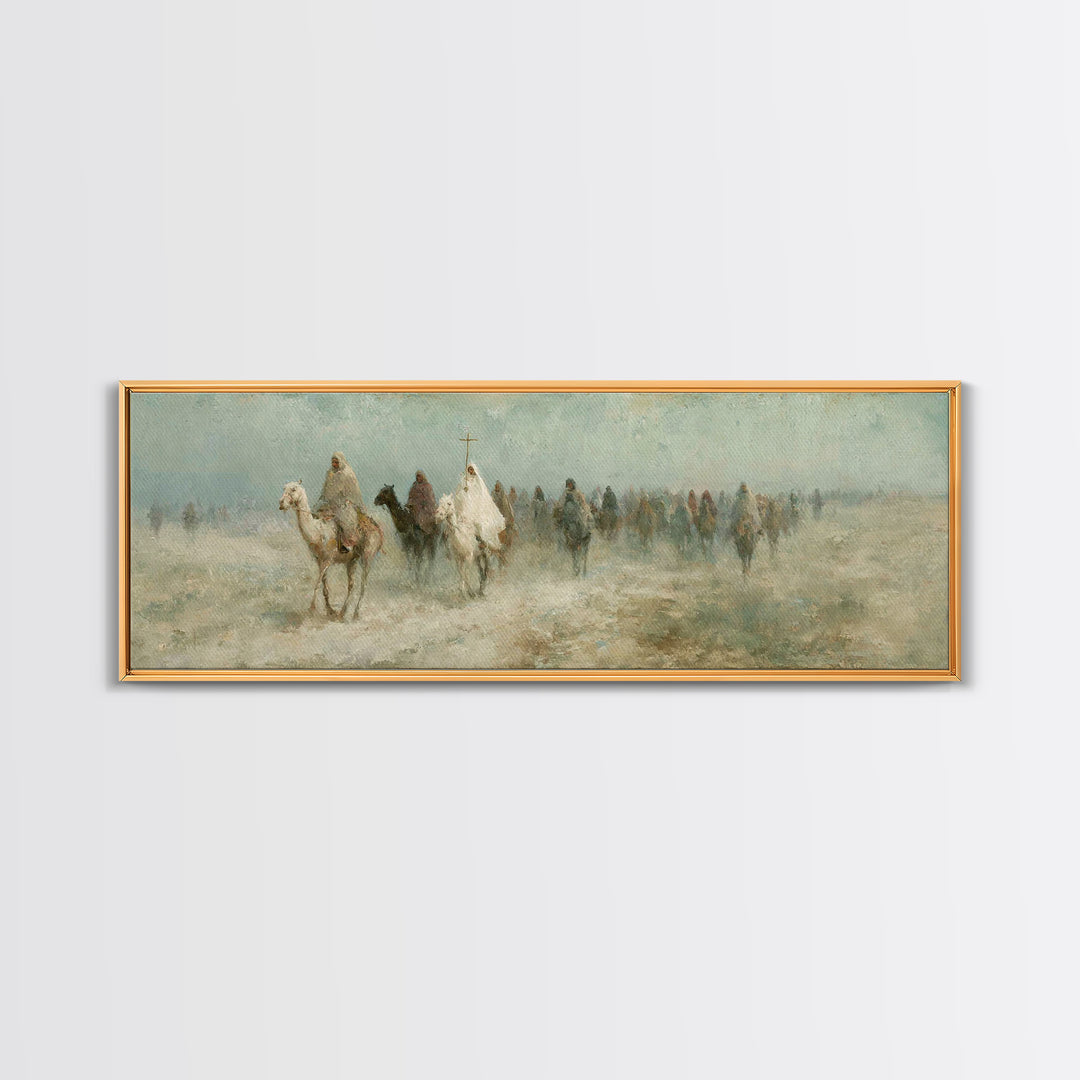 Pilgrims In Haze – Framed Canvas Print – Christian Wall Art – Panoramic Painting – Christian Art Canvas – Christmas Art – Christian Decor