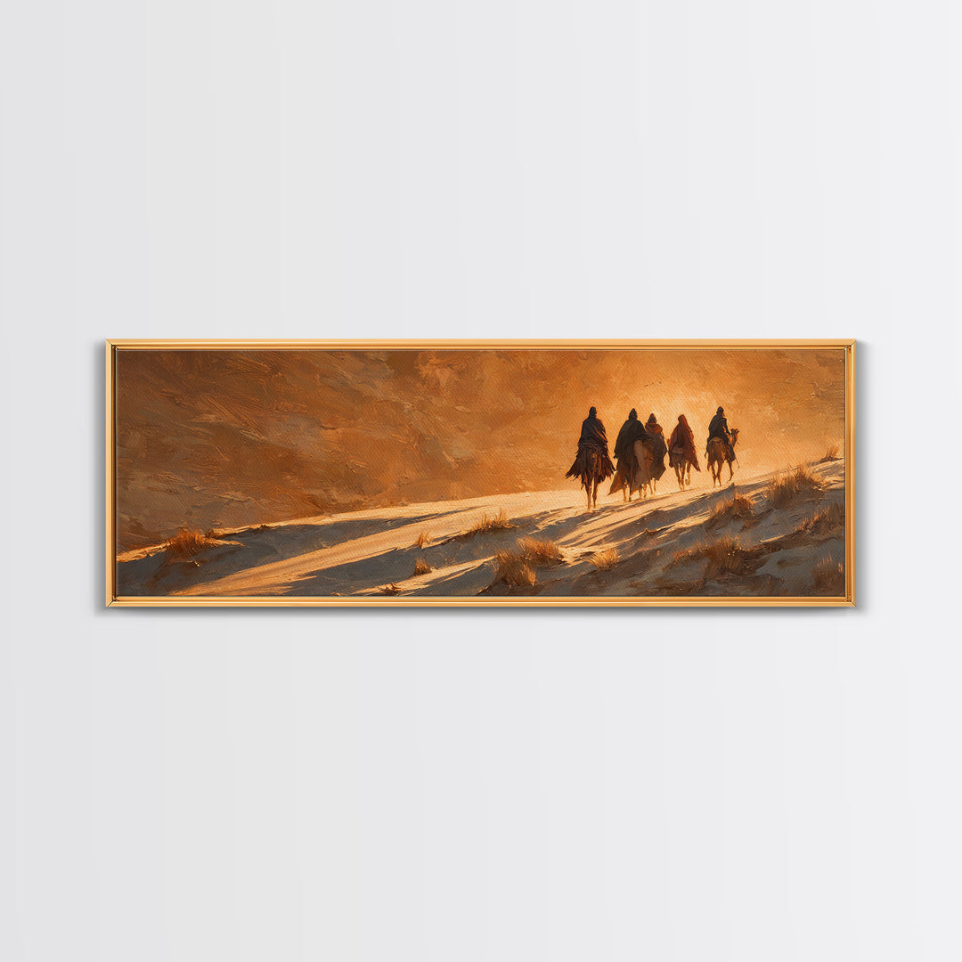 Golden Caravan Light, Framed Canvas Print, Christian Christmas Art, Panoramic Wall Art, Christian Art Canvas, Jesus Painting, Christmas Wal