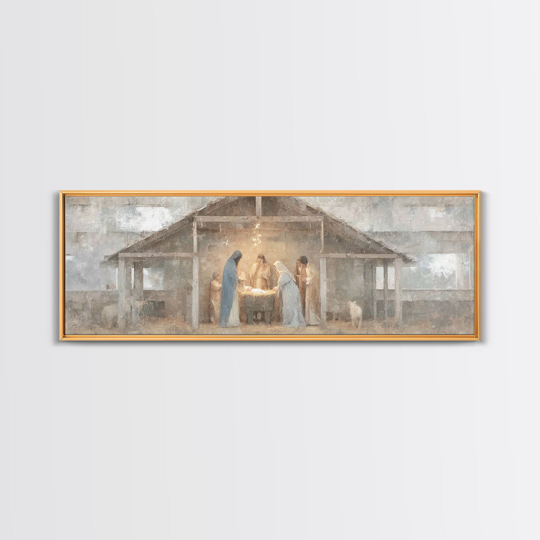 Starry Night Nativity, Framed Canvas Print, Christian Wall Art, Christian Art Canvas, Panoramic Art, Christmas Art, Jesus Christmas Art
