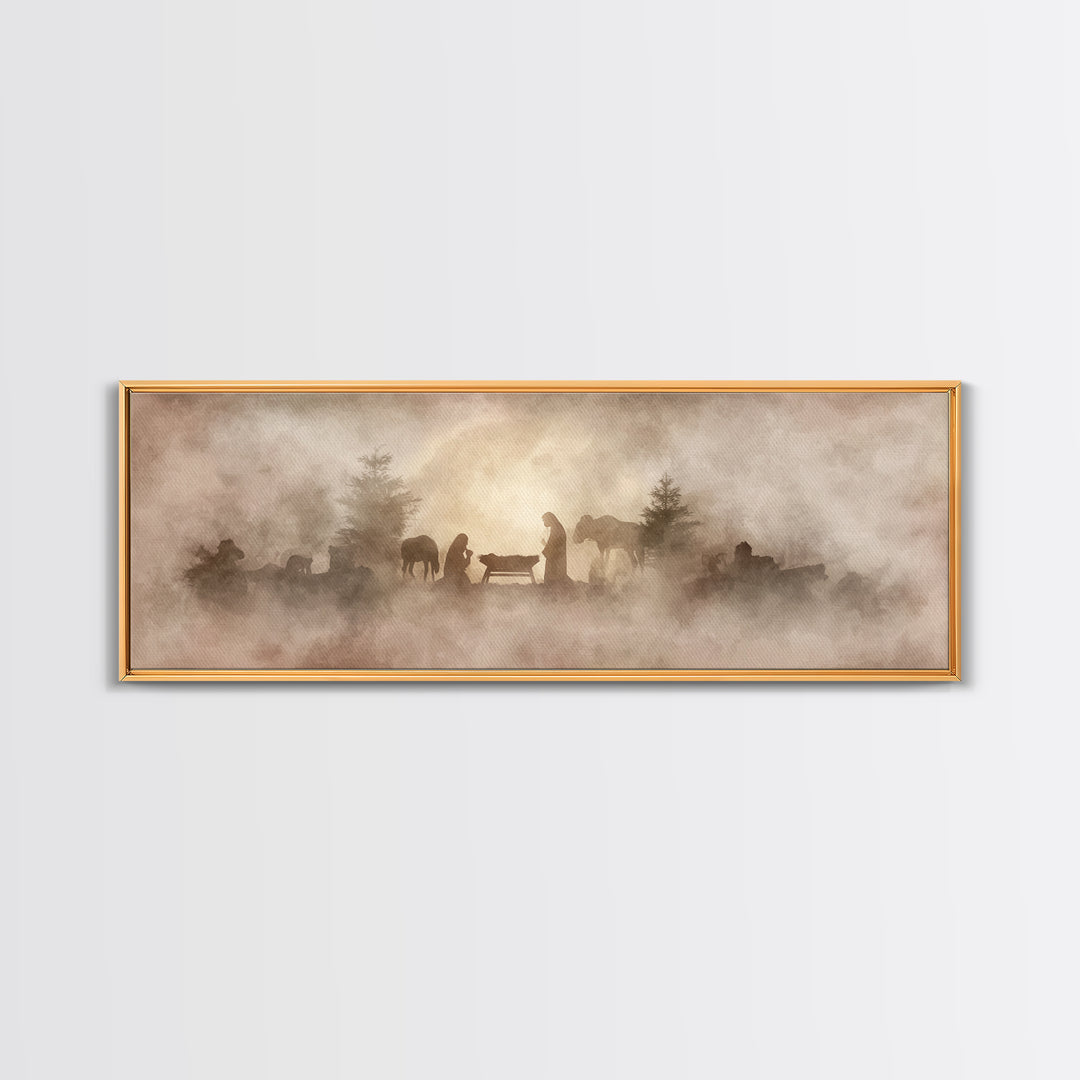 Manger In The Mist, Framed Canvas Print, Panoramic Art, Christian Wall Art, Christian Art Canvas, Christmas Art, Christian Decor, Jesus Pai