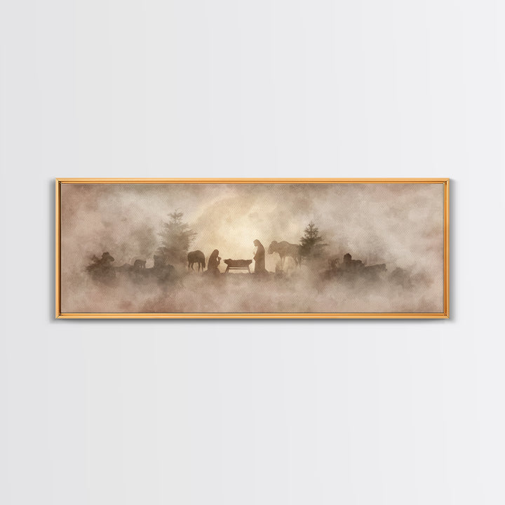 Manger In The Mist, Framed Canvas Print, Panoramic Art, Christian Wall Art, Christian Art Canvas, Christmas Art, Christian Decor, Jesus Pai