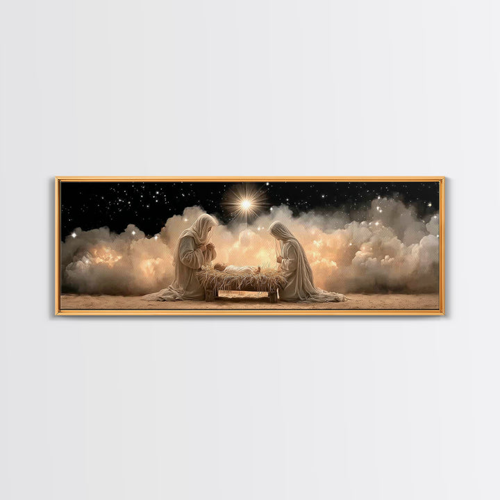 Celestial Manger Peace – Framed Canvas Print – Panoramic Art – Christian Wall Art – Christian Art Canvas – Christmas Art – Jesus Painting –