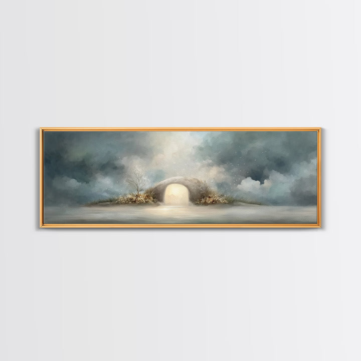 Heavenly Tomb Glow | Framed Canvas Print | Christian Wall Art | Christian Art Canvas | Christian Painting | Panoramic Wall Art | Christmas