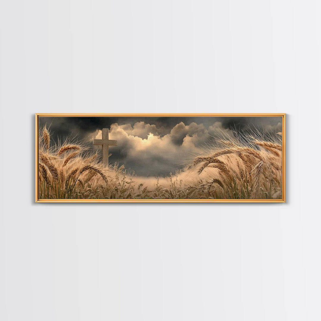 Wheatland Cross | Framed Canvas Print | Christian Wall Art | Christian Art Canvas | Panoramic Painting | Christian Art Gift