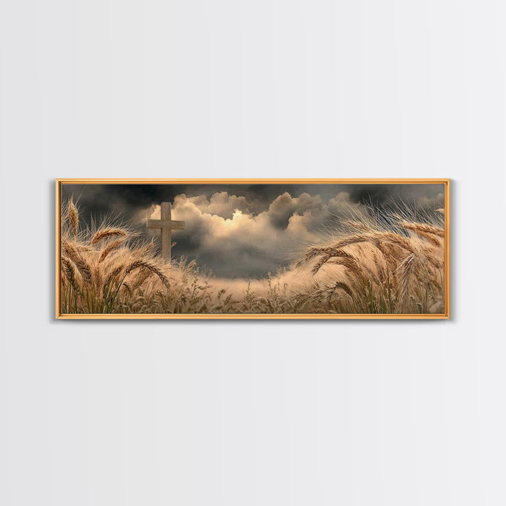 Wheatland Cross | Framed Canvas Print | Christian Wall Art | Christian Art Canvas | Panoramic Painting | Christian Art Gift