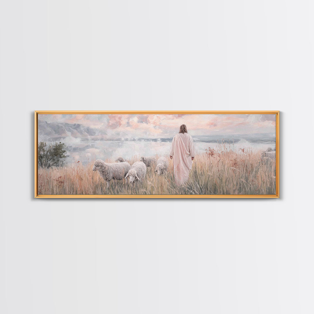 Pastures Of Grace – Framed Canvas Print – Christian Wall Art – Panoramic Art – Jesus Painting – Christian Art Canvas – Christian Decor – Ch