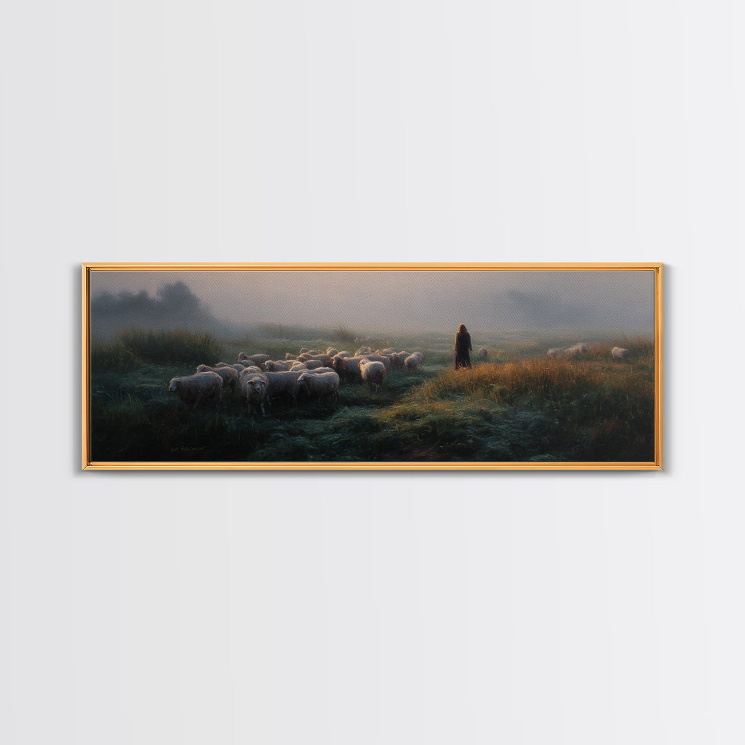 Morning Shepherd Light – Framed Canvas Print – Panoramic Print – Christian Wall Art – Jesus Painting – Christian Art Canvas – Christian Chr