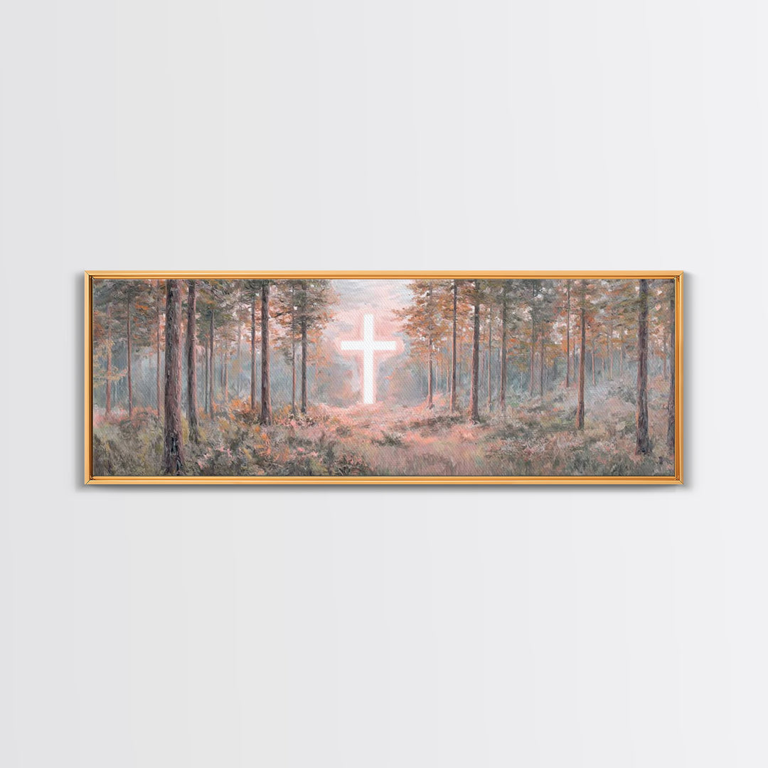 Forest Cross Light, Framed Canvas Print, Panoramic Wall Art, Christian Wall Art, Jesus Painting, Christian Canvas, Christian Art, Faith Art