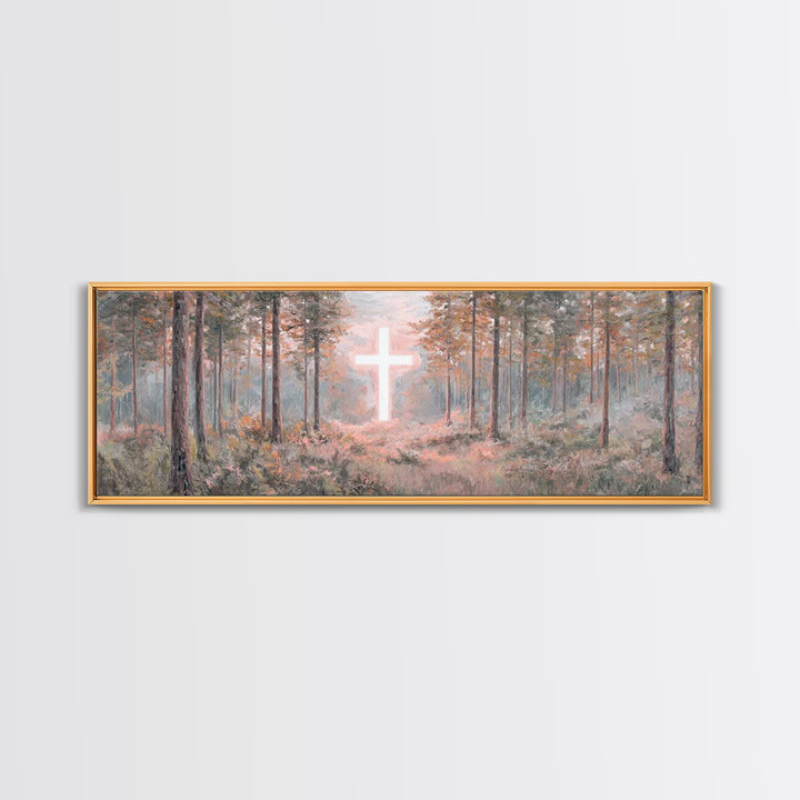 Forest Cross Light, Framed Canvas Print, Panoramic Wall Art, Christian Wall Art, Jesus Painting, Christian Canvas, Christian Art, Faith Art