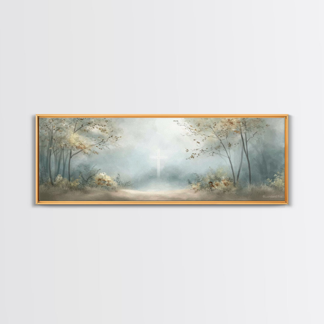 Gentle Morning Cross | Framed Canvas Print | Panoramic Wall Art | Christian Art Canvas | Christian Wall Art | Jesus Painting | Christian De